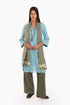 Embroidery tunic with contrast color piping in printed cotton voile
